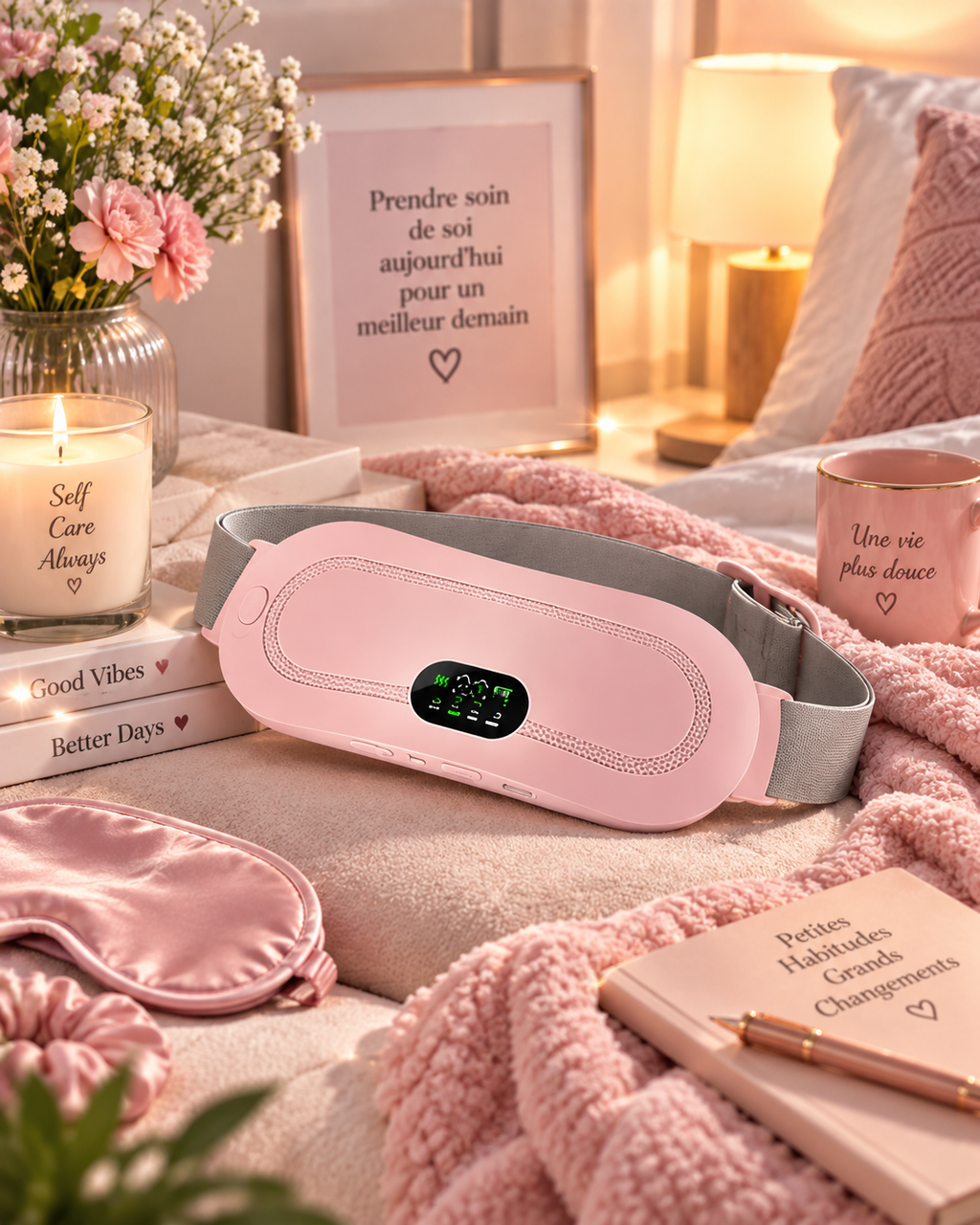 Ceinture chauffante confort rose avec écran, posée sur un plaid dans une chambre cosy