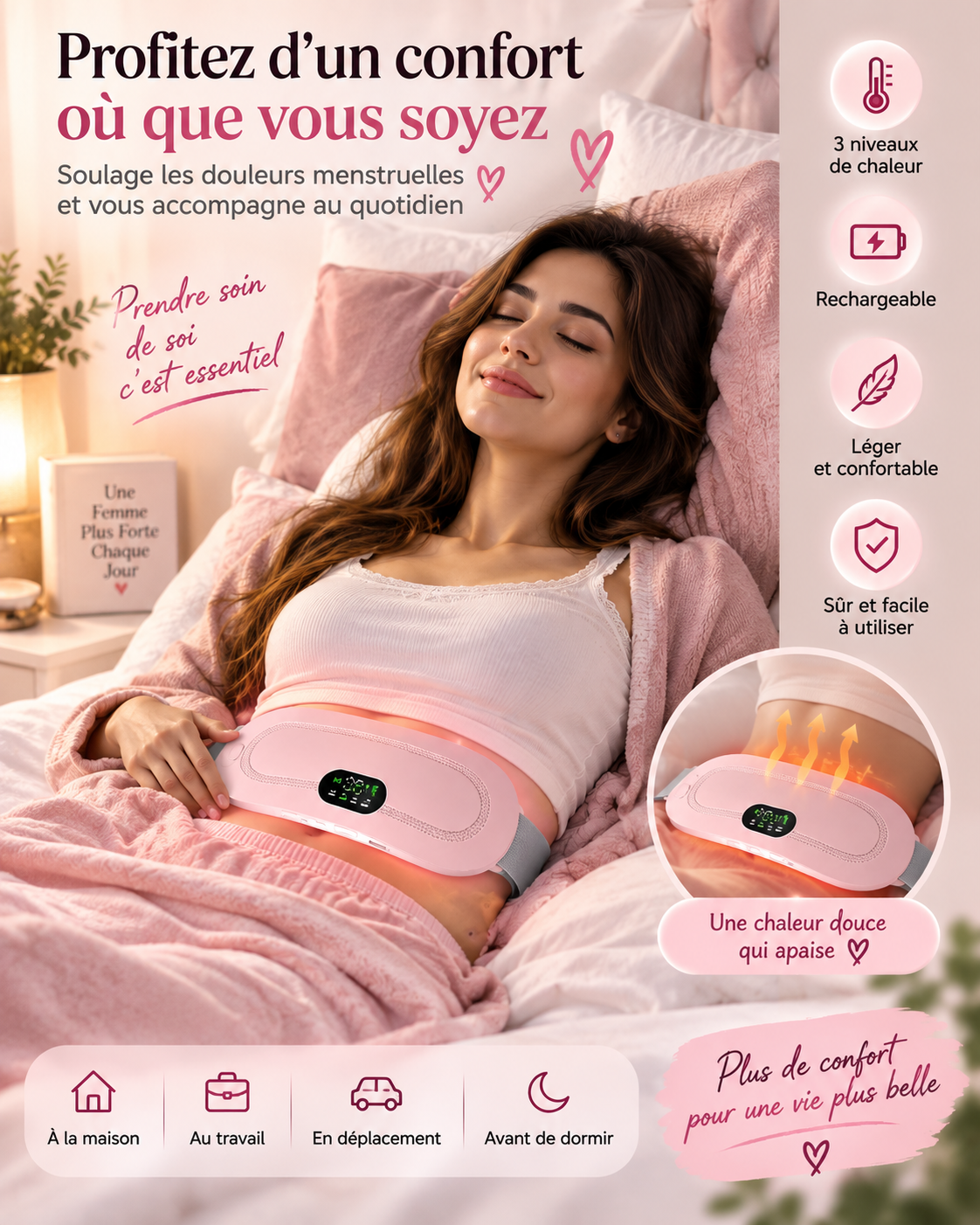 Femme détendue dans son lit avec la ceinture thermique confort