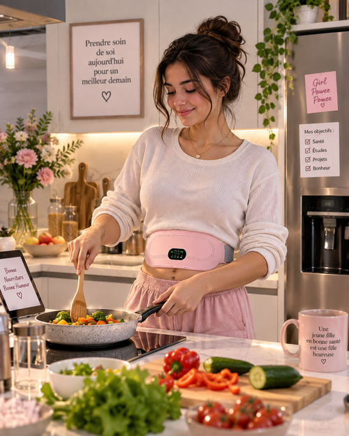 Femme portant la ceinture thermique confort pendant qu’elle cuisine à la maison